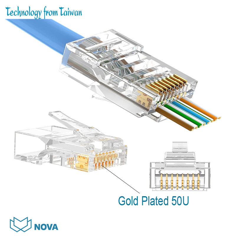 Đầu bấm hạt mạng Cat6 Novalink mạ vàng 50U - góc chụp cận cảnh